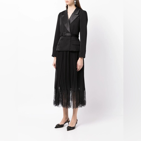 Self-Portrait Tailored Crepe and Chiffon Midi Dress in Black - Picture 5 of 16